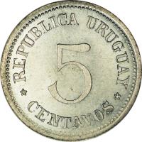 Uruguay coin 5 Centavos (1899) reverse reverse of 5 Centavos (1899) coin with KM# PnA34 from Uruguay. Inscription: * REPUBLICA URUGUAY * 5 CENTAVOS