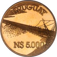 reverse of 5000 Nuevo Pesos - Hydroelectricity (1981) coin with KM# PnB114 from Uruguay. Inscription: URUGUAY N$ 5.000