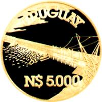 obverse of 5000 Nuevo Pesos - Binational Dam (1981) coin with KM# 81 from Uruguay. Inscription: URUGUAY N$ 5.000
