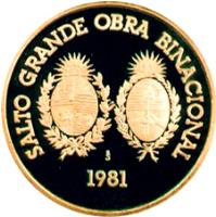 reverse of 5000 Nuevo Pesos - Binational Dam (1981) coin with KM# 81 from Uruguay. Inscription: SALTO GRANDE OBRA BINACIONAL So 1981