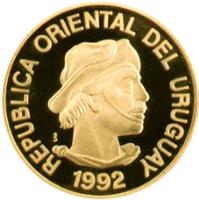 obverse of 1 Gaucho - Gold Bullion (1992) coin with KM# 110 from Uruguay. Inscription: REPUBLICA ORIENTAL DEL URUGUAY So 1992