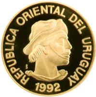 Uruguay coin 1 Gaucho - Gold Bullion (1992) obverse obverse of 1 Gaucho - Gold Bullion (1992) coin with KM# 110 from Uruguay. Inscription: REPUBLICA ORIENTAL DEL URUGUAY So 1992