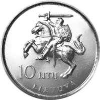 obverse of 10 Litų - Visit of Pope John Paul II to Lithuania (1993) coin with KM# 95 from Lithuania. Inscription: 10 LITŲ LIETUVA