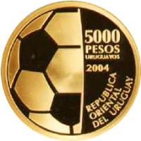 obverse of 5000 Pesos Uruguayos - FIFA (2004) coin with KM# 126 from Uruguay. Inscription: 5000 PESOS URUGUAYOS 2004 REPUBLICA ORIENTAL DEL URUGUAY