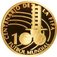 reverse of 5000 Pesos Uruguayos - FIFA (2004) coin with KM# 126 from Uruguay. Inscription: CENTENARIO DE LA FIFA 100 FUTBOL MUNDIAL