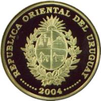 obverse of 5000 Pesos Uruguayos - World Cup (2004) coin with KM# 127 from Uruguay. Inscription: REPUBLICA ORIENTAL DEL URUGUAY · · · · · · · 2004 · · · · · · ·