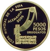 reverse of 5000 Pesos Uruguayos - World Cup (2004) coin with KM# 127 from Uruguay. Inscription: COPA MUNDIAL DE LA FIFA ALEMANIA 2006 5000 PESOS URUGUAYOS CAMPEONATO MUNDIAL DE FOOTBALL