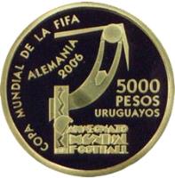 Uruguay coin 5000 Pesos Uruguayos - World Cup (2004) reverse reverse of 5000 Pesos Uruguayos - World Cup (2004) coin with KM# 127 from Uruguay. Inscription: COPA MUNDIAL DE LA FIFA ALEMANIA 2006 5000 PESOS URUGUAYOS CAMPEONATO MUNDIAL DE FOOTBALL