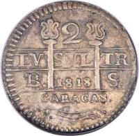 obverse of 2 Reales (1830) coin with C# 36 from Venezuela.