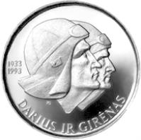 reverse of 10 Litų - 60th Anniversary of the flight across the Atlantic of Steponas Darius and Stasys Girėnas (1993) coin with KM# 94 from Lithuania. Inscription: 1933 1993 DARIUS IR GIRĖNAS