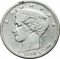 obverse of 2 Reales (1858) coin with Y# 10 from Venezuela.