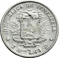 reverse of 2 Reales (1858) coin with Y# 10 from Venezuela.