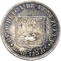 reverse of 1/2 Real (1858) coin with Y# 8 from Venezuela. Inscription: REPUBLICA DE VENEZUELA 1 1/2 RL. 1,15 GS.