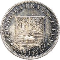 Venezuela coin 1/2 Real (1858) reverse reverse of 1/2 Real (1858) coin with Y# 8 from Venezuela. Inscription: REPUBLICA DE VENEZUELA 1 1/2 RL. 1,15 GS.