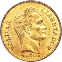 obverse of 5 Venezolanos (1875) coin with Y# 17 from Venezuela. Inscription: BOLIVAR LIBERTADOR A BARRE