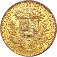 reverse of 5 Venezolanos (1875) coin with Y# 17 from Venezuela. Inscription: ESTADOS UNIDOS DE VENEZUELA GR 8.0645 1875 LEY 900