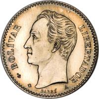 obverse of 20 Centavos (1874 - 1876) coin with Y# 14 from Venezuela. Inscription: BOLIVAR LIBERTADOR BARRE A