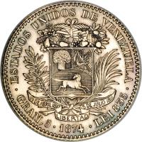 reverse of 20 Centavos (1874 - 1876) coin with Y# 14 from Venezuela. Inscription: . ESTADOS UNIDOS DE VENEZUELA . 19 DE ABRIL 1810 5 DE JULIO 1811 LIBERTAD GRAM,5. 1874 .LEI835