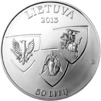 obverse of 50 Litų - 150th anniversary of the Uprising of 1863–1864 (2013) coin with KM# 197 from Lithuania. Inscription: LIETUVA 2013 50 LITŲ