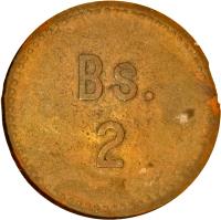 reverse of 2 Bolívares - Cabo Blanco Leprosarium Coinage (1936) coin with KM# L15 from Venezuela. Inscription: Bs. 2