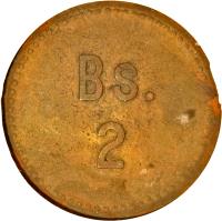 Venezuela coin 2 Bolívares - Cabo Blanco Leprosarium Coinage (1936) reverse reverse of 2 Bolívares - Cabo Blanco Leprosarium Coinage (1936) coin with KM# L15 from Venezuela. Inscription: Bs. 2