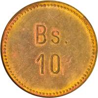 reverse of 10 Bolívares - Cabo Blanco Leprosarium Coinage (1936) coin with KM# L17 from Venezuela. Inscription: Bs. 10
