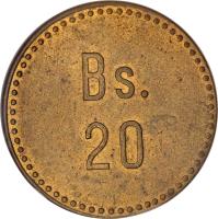 reverse of 20 Bolívar - Cabo Blanco Leper Colony (1936) coin with KM# L18 from Venezuela. Inscription: Bs. 20