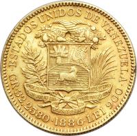 Venezuela coin 100 Bolivares (1886 - 1889) reverse reverse of 100 Bolivares (1886 - 1889) coin with Y# 34 from Venezuela.