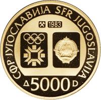 obverse of 5000 Dinara - Winter Olympics 1984 (1983) coin with KM# 104 from Yugoslavia. Inscription: CФР ЈУГОСΛАВИЈА SFR JUGOSLAVIJA 1983 5000 D