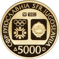 Yugoslavia coin 5000 Dinara - Winter Olympics 1984 (1983) obverse obverse of 5000 Dinara - Winter Olympics 1984 (1983) coin with KM# 104 from Yugoslavia. Inscription: CФР ЈУГОСΛАВИЈА SFR JUGOSLAVIJA 1983 5000 D