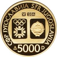 obverse of 5000 Dinara - Winter Olympics 1984 (1984) coin with KM# 111 from Yugoslavia. Inscription: CФР ЈУГОСΛАВИЈА SFR JUGOSLAVIJA 1984 5000 D