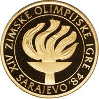 Yugoslavia coin 5000 Dinara - Winter Olympics 1984 (1984) reverse reverse of 5000 Dinara - Winter Olympics 1984 (1984) coin with KM# 111 from Yugoslavia. Inscription: XIV ZIMSKE OLIMPIJSKE IGRE SARAJEVO '84