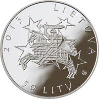 obverse of 50 Litų - Lithuania’s Presidency of the Council of the European Union (2013) coin with KM# 196 from Lithuania. Inscription: 2013 LIETUVA 50 LITŲ