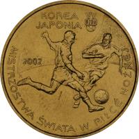 reverse of 2 Złote - 2002 World Football Cup Korea/Japan (2002) coin with Y# 433 from Poland. Inscription: KOREA JAPONIA MISTRZOSTWA ŚWIATA W PIŁCE NOŻNEJ