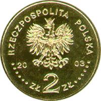 obverse of 2 Złote - 750th anniversary of the granting municipal rights to Poznań (2003) coin with Y# 447 from Poland. Inscription: RZECZPOSPOLITA POLSKA 2003 ZŁ 2 ZŁ