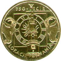 Poland coin 2 Złote - 750th anniversary of the granting municipal rights to Poznań (2003) reverse reverse of 2 Złote - 750th anniversary of the granting municipal rights to Poznań (2003) coin with Y# 447 from Poland. Inscription: 750 LECIE LOKACJI POZNANIA