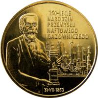 reverse of 2 Złote - 150th Anniversary of Oil and Gas Industry's Origin (2003) coin with Y# 455 from Poland. Inscription: 150-LECIE NARODZIN PRZEMYSŁU NAFTOWEGO I GAZOWNICZEGO