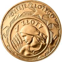 reverse of 2 Złote - 80th Anniversary of the Modern Zloty Currency (2004) coin with Y# 479 from Poland. Inscription: DZIEJE ZŁOTEGO 1 ZŁOTY