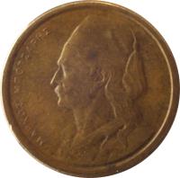 obverse of 50 Lepta (1976 - 1986) coin with KM# 115 from Greece. Inscription: ΜΑΡΚΟΣ ΜΠΟΤΣΑΡΗΣ