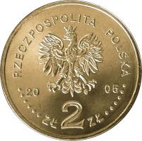 obverse of 2 Złote - The 25th Anniversary of forming the Solidarity Trade Union (2005) coin with Y# 565 from Poland. Inscription: RZECZPOSPOLITA POLSKA 2005 ZŁ 2 ZŁ