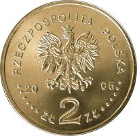 Poland coin 2 Złote - The 25th Anniversary of forming the Solidarity Trade Union (2005) obverse obverse of 2 Złote - The 25th Anniversary of forming the Solidarity Trade Union (2005) coin with Y# 565 from Poland. Inscription: RZECZPOSPOLITA POLSKA 2005 ZŁ 2 ZŁ