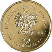 obverse of 2 Złote - Mikołaj Rej (1505-1569) - 500th Anniversary of the Birth (2005) coin with Y# 608 from Poland. Inscription: RZECZPOSPOLITA POLSKA 2005 ZŁ 2 ZŁ