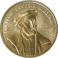reverse of 2 Złote - Mikołaj Rej (1505-1569) - 500th Anniversary of the Birth (2005) coin with Y# 608 from Poland. Inscription: 500-LECIE UROZIN MIKOLAJ REJ 1505 1569