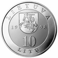 Lithuania coin 10 Litų - Lithuanian Cities - Vilnius (1998) obverse obverse of 10 Litų - Lithuanian Cities - Vilnius (1998) coin with KM# 115 from Lithuania. Inscription: LIETUVA 1998 10 LITŲ