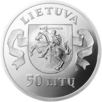 Lithuania coin 50 Litų - 5th Anniversary of the reestablishment of the Republic of the Lithuania (1995) obverse obverse of 50 Litų - 5th Anniversary of the reestablishment of the Republic of the Lithuania (1995) coin with KM# 98 from Lithuania. Inscription: LIETUVA 50 LITŲ