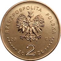 obverse of 2 Złote - 750th Anniversary of the granting municipal rights to Kraków (2007) coin with Y# 594 from Poland. Inscription: RZECZPOSPOLITA POLSKA 2007 ZŁ 2 ZŁ