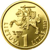 obverse of 1 Litas - 75th Anniversary of the Bank of Lithuania and the litas (1997) coin with KM# 109a from Lithuania. Inscription: 1/2 UNCIJOS Au 999,9 LIETUVA 1 LITAS 1997