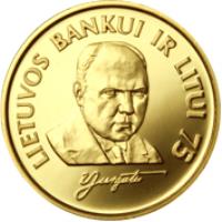 reverse of 1 Litas - 75th Anniversary of the Bank of Lithuania and the litas (1997) coin with KM# 109a from Lithuania. Inscription: LIETUVOS BANKUI IR LITUI 75