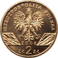 obverse of 2 Złote - Animals of the World: Peregrine falcon (Falco peregrinus) (2008) coin with Y# 627 from Poland. Inscription: RZECZPOSPOLITA POLSKA 2008 ZŁ 2 ZŁ