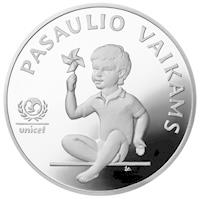 Lithuania coin 5 Litai - United Nations Children's Fund (UNICEF) (1998) reverse reverse of 5 Litai - United Nations Children's Fund (UNICEF) (1998) coin with KM# 127 from Lithuania. Inscription: PASAULIO VAIKAMS UNICEF>